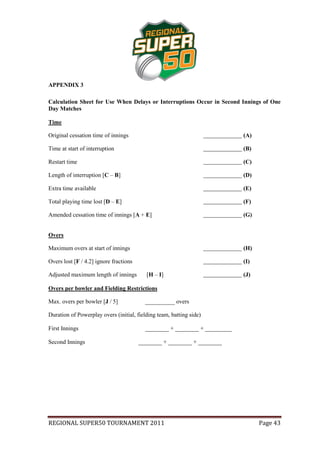 APPENDIX 3

Calculation Sheet for Use When Delays or Interruptions Occur in Second Innings of One
Day Matches

Time

Original cessation time of innings                                          (A)

Time at start of interruption                                               (B)

Restart time                                                                (C)

Length of interruption [C – B]                                              (D)

Extra time available                                                        (E)

Total playing time lost [D – E]                                             (F)

Amended cessation time of innings [A + E]                                   (G)


Overs

Maximum overs at start of innings                                           (H)

Overs lost [F / 4.2] ignore fractions                                       (I)

Adjusted maximum length of innings         [H – I]                          (J)

Overs per bowler and Fielding Restrictions

Max. overs per bowler [J / 5]             __________ overs

Duration of Powerplay overs (initial, fielding team, batting side)

First Innings                             ________ + ________ + _________

Second Innings                          ________ + ________ + ________




REGIONAL SUPER50 TOURNAMENT 2011                                                  Page 43
 