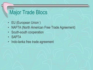 Major Trade Blocs
• EU (European Union )
• NAFTA (North American Free Trade Agreement)
• South-south cooperation
• SAPTA
• Indo-lanka free trade agreement
 