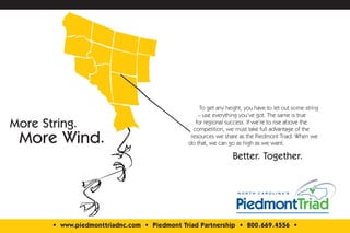 To get any height, you have to let out some string
                                                  – use everything you’ve got. The same is true
More String.                                     for regional success. If we’re to rise above the
                                                competition, we must take full advantage of the

 More Wind.                                    resources we share as the Piedmont Triad. When we
                                              do that, we can go as high as we want.

                                                                Better. Together.




       • www.piedmonttriadnc.com • Piedmont Triad Partnership • 800.669.4556 •
 