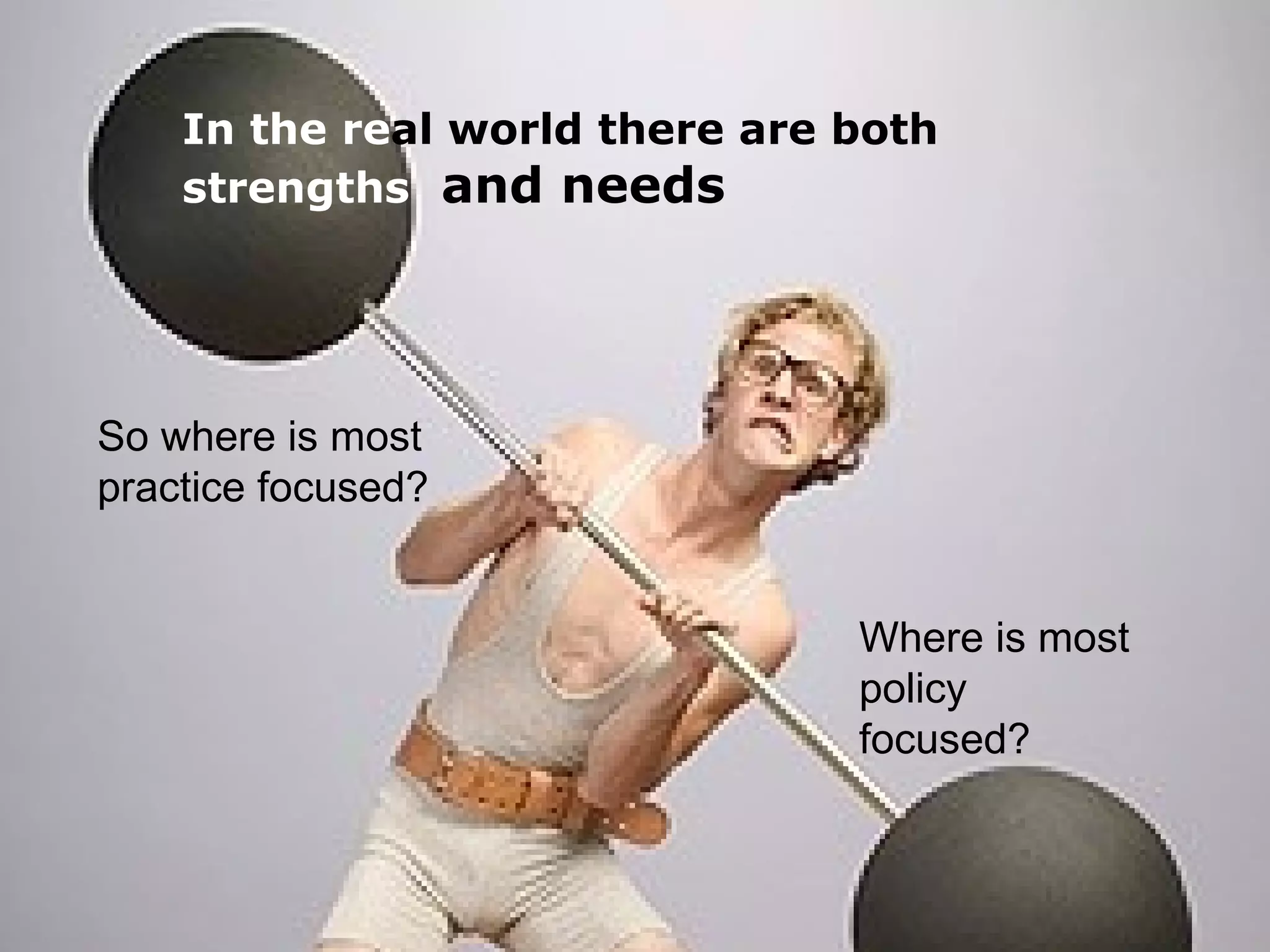 In the re al world there are both  strengths  and needs So where is most practice focused? Where is most policy focused? 