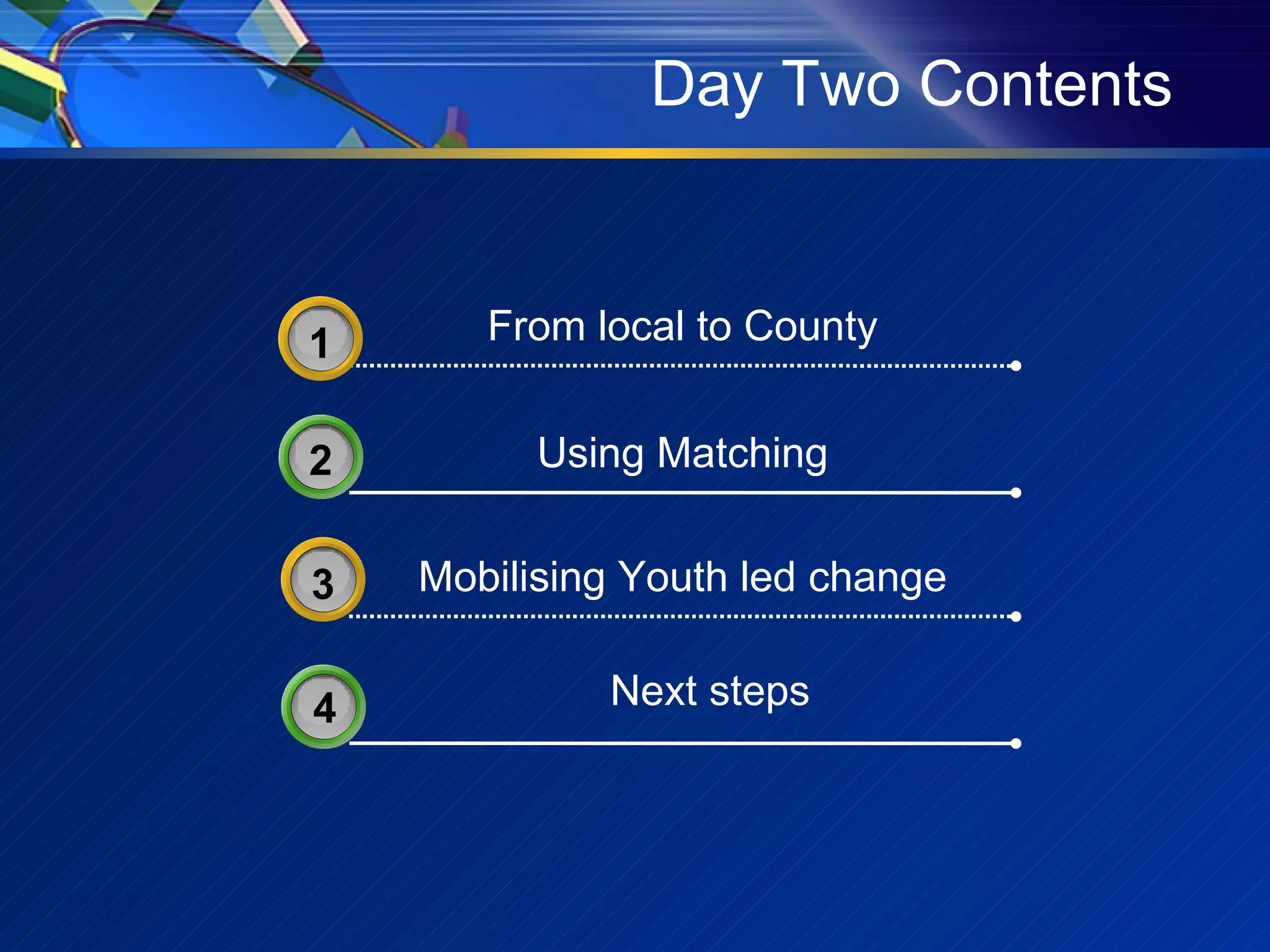 Day Two Contents Next steps Using Matching 2 4 Mobilising Youth led change 3 3 From local to County 3 1 