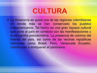  La Amazonía es quizá una de las regiones colombianas
en donde más se han conservado los pueblos
indoamericanos. Tal hecho es una gran riqueza cultural
que pone al país en contacto con las manifestaciones y
la etnografía precolombina. La presencia de colonos del
interior del país, así como de las vecinas repúblicas
hermanas como Brasil, Perú, Venezuela Ecuador,
contribuyen a enriquecer el panorama.
 