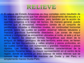  El relieve del Estado Amazonas es muy complejo como resultado de
los eventos geológicos que han afectado al basamento del escudo y a
las nuevas estructuras conformadas, pero también por la acción de
agentes exógenos a lo largo del tiempo. De manera general, puede
decirse que el Amazonas venezolano consta de un conjunto de
penillanuras situadas a diferentes niveles, sin continuidad horizontal
general, sobre las cuales se pueden observar relieves tabulares y
macizos graníticos fuertemente disectados. Las zonas de mayor
relieve y complejidad se encuentran ubicadas al norte, al este y al sur
de la región. Se observan formas fisiográficas que dicen de lo
antiguo, en tiempo geológico, de este territorio; entre otras, se tienen
cerros del tipo monadnocks y valles amplios y pocos profundos, en
los cuales corren ríos con numerosos y grandes meandros y pocos
rápidos. Las formas de relieve tabulares características de la
formación Roraima tienen su mayor representación en el centro de la
región, donde se aprecia un área extensa de estos relieves que se
conoce bajo el nombre de macizos del Duida y del Parú, o
simplemente macizo Duida-Parú.
 