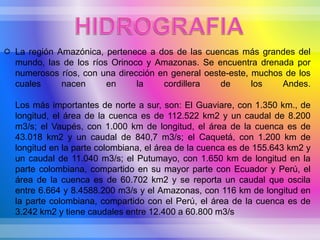  La región Amazónica, pertenece a dos de las cuencas más grandes del
mundo, las de los ríos Orinoco y Amazonas. Se encuentra drenada por
numerosos ríos, con una dirección en general oeste-este, muchos de los
cuales nacen en la cordillera de los Andes.
Los más importantes de norte a sur, son: El Guaviare, con 1.350 km., de
longitud, el área de la cuenca es de 112.522 km2 y un caudal de 8.200
m3/s; el Vaupés, con 1.000 km de longitud, el área de la cuenca es de
43.018 km2 y un caudal de 840,7 m3/s; el Caquetá, con 1.200 km de
longitud en la parte colombiana, el área de la cuenca es de 155.643 km2 y
un caudal de 11.040 m3/s; el Putumayo, con 1.650 km de longitud en la
parte colombiana, compartido en su mayor parte con Ecuador y Perú, el
área de la cuenca es de 60.702 km2 y se reporta un caudal que oscila
entre 6.664 y 8.4588.200 m3/s y el Amazonas, con 116 km de longitud en
la parte colombiana, compartido con el Perú, el área de la cuenca es de
3.242 km2 y tiene caudales entre 12.400 a 60.800 m3/s
 