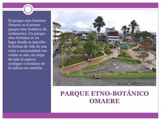 PARQUE ETNO-BOTÁNICO
OMAERE
El parque etno botánico
Omaere es el primer
parque etno botánico de
sudamerica. Un parque
etno botánico es un
lugar donde se describe
la formas de vida de una
etnia o nacionalidad con
visitas in situ, sin dejar
de lado el aspecto
ecológico o botánico de
la cultura en cuestión.
 