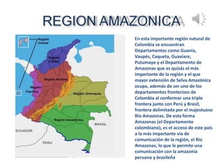 En esta importante región natural de
Colombia se encuentran
Departamentos como Guanía,
Vaupés, Caqueta, Guaviare,
Putumayo y el Departamento de
Amazonas que es quizás el más
importante de la región y el que
mayor extensión de Selva Amazónica
ocupa, además de ser uno de los
departamentos fronterizos de
Colombia al conformar una triple
frontera junto con Perú y Brasil,
frontera delimitada por el majestuoso
Río Amazonas. De esta forma
Amazonas (el Departamento
colombiano), es el acceso de este país
a la más importante vía de
comunicación de la región, el Río
Amazonas, lo que le permite una
comunicación con la amazonia
peruana y brasileña
 