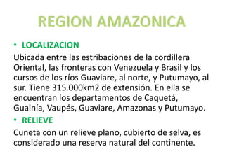 • LOCALIZACION 
Ubicada entre las estribaciones de la cordillera 
Oriental, las fronteras con Venezuela y Brasil y los 
cursos de los ríos Guaviare, al norte, y Putumayo, al 
sur. Tiene 315.000km2 de extensión. En ella se 
encuentran los departamentos de Caquetá, 
Guainía, Vaupés, Guaviare, Amazonas y Putumayo. 
• RELIEVE 
Cuneta con un relieve plano, cubierto de selva, es 
considerado una reserva natural del continente. 
 