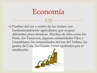 Economía

 Pueblos del sur y centro de los Andes: son
fundamentalmente agricultores que ocupan
diferentes pisos térmicos. Muchos de ellos como los
Pasto, los Yanacona, algunas comunidades Páez y
Guambiano, las comunidades del sur del Tolima, las
gentes de Cota, los Guane, viven agobiados por el
minifundio

 