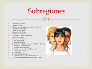 Subregiones























1. Nudo de los pastos
2. Fosa del Patía
3. Región nororiental de la cordillera Occidental
4. Altiplano de Popayán.
5. Valle del río Cauca.
6. Cañón del río Cauca.
7. Macizo Colombiano.
8. Cordillera Central meridional.
9. Macizo volcánico.
10. Montaña Antioqueña.
11. Alto Magdalena.
12. Magdalena Medio.
13. Vertiente Magdalenense de la Cordillerra Oriental
14. Altiplano Cundiboyacense.
15. Montaña Santandereana.
16. Fosa de los ríos Suárez y Chicamocha.
17. Macizo de Saturbán.
18. Catatumbo.
19. Serranía de los Motilones.
20. Vertiente llanera de la cordillera Oriental.
21. Vertiente Amazónica de la cordillera Oriental

 
