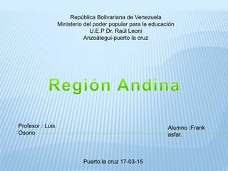 República Bolivariana de Venezuela
Ministerio del poder popular para la educación
U.E.P Dr. Raúl Leoni
Anzoátegui-puerto la cruz
Profesor : Luis
Osorio
Alumno :Frank
asfar.
Puerto la cruz 17-03-15