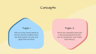 Concepts
Topic 1
Mercury is the closest planet to
the Sun and the smallest one in
the Solar System—it’s only a bit
larger than the Moon
Topic 2
Venus has a beautiful name and
is the second planet from the
Sun. It’s terribly hot—even hotter
than Mercury
 