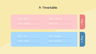 A Timetable
Day
1
Day
2
9:00 - Art
10:00 - Math
11:00 - English
12:00 - Science
9:00 - Math
11:00 - Science
10:00 - History
12:00 - Art
 