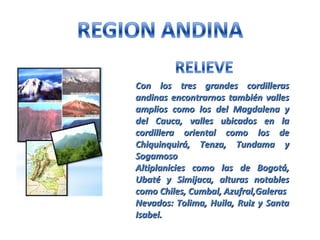 Con los tres grandes cordillerasCon los tres grandes cordilleras
andinas encontrarnos también vallesandinas encontrarnos también valles
amplios como los del Magdalena yamplios como los del Magdalena y
del Cauca, valles ubicados en ladel Cauca, valles ubicados en la
cordillera oriental como los decordillera oriental como los de
Chiquinquirá, Tenza, Tundama yChiquinquirá, Tenza, Tundama y
SogamosoSogamoso
Altiplanicies como las de Bogotá,Altiplanicies como las de Bogotá,
Ubaté y Simijaca, alturas notablesUbaté y Simijaca, alturas notables
como Chiles, Cumbal, Azufral,Galerascomo Chiles, Cumbal, Azufral,Galeras
Nevados: Tolima, Huila, Ruiz y SantaNevados: Tolima, Huila, Ruiz y Santa
Isabel.Isabel.
 