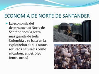 ECONOMIA DE NORTE DE SANTANDER
 La economía del
departamento Norte de
Santander es la sexta
más grande de toda
Colombia y se basa en la
explotación de sus tantos
recursos naturales como
el carbón, el petróleo
(entre otros)
 