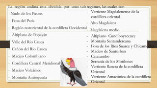 La región andina esta dividida por unas sub
-Nudo de los Pastos
- Fosa del Patía
- Región nororiental de la cordillera Occidental
- Altiplano de Popayán
- Valle del Rio Cauca
- Cañón del Rio Cauca
- Macizo Colombiano
- Cordillera Central Meridional
- Macizo Volcánico
- Montaña Antioqueña
regiones, las cuales son
- Vertiente Magdalenense de la
cordillera oriental
- Alto Magdalena
- Magdalena medio
- Altiplano Cundiboyacence
- Montaña Santandereana
- Fosa de los Ríos Suarez y Chicamocha
- Macizo de Santurban
- Catatumbo
- Serranía de los Motilones
- Vertiente llanera de la cordillera
Oriental
- Vertiente Amazónica de la cordillera
Oriental
 