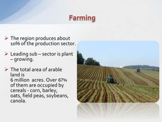  The region produces about
10% of the production sector.
 Leading sub – sector is plant
– growing.
 The total area of arable
land is
6 million acres. Over 67%
of them are occupied by
cereals - corn, barley,
oats, field peas, soybeans,
canola.
 