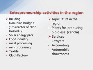  Building
- Danubian Bridge 2
- 7-th reactor of NPP
Kozloduy
- Solar energy park
 Food industry
- meat processing
- milk processing
 Textile
- Cloth Factory
 Agriculture in the
region
- Plants for producing
bio-diesel (canola)
 Services
- Lawyers
- Accounting
- Automobile
showrooms
 