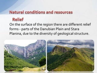 On the surface of the region there are different relief
forms - parts of the Danubian Plain and Stara
Planina, due to the diversity of geological structure.
 