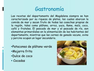 Gastronomía
Las recetas del departamento del Magdalena siempre se han
caracterizado por su riqueza de platos, los cuales abarcan la
comida de mar y sacan fruto de todas las cosechas propias de
la región, tales como plátano, arroz, yuca, ñame, maíz, coco,
café y frutales. El pescado de mar y el pescado de río, son
elementos primordiales en la alimentación de los habitantes del
departamento, mientras que las carnes de ganado vacuno, ovino
y porcino ocupan un lugar secundario.


Patacones de plátano verde
Mojarra frita
Dulce de coco
 Cocadas
 