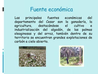Fuente económica
Las     principales   fuentes   económicas    del
departamento del Cesar son la ganadería, la
agricultura,     destacándose   el    cultivo   e
industrialización del algodón, de las palmas
oleaginosas y del arroz, también dentro de su
territorio se encuentran grandes explotaciones de
carbón a cielo abierto.
 