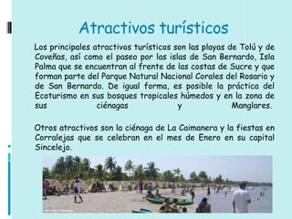 Atractivos turísticos
Los principales atractivos turísticos son las playas de Tolú y de
Coveñas, así como el paseo por las islas de San Bernardo, Isla
Palma que se encuentran al frente de las costas de Sucre y que
forman parte del Parque Natural Nacional Corales del Rosario y
de San Bernardo. De igual forma, es posible la práctica del
Ecoturismo en sus bosques tropicales húmedos y en la zona de
sus              ciénagas              y              Manglares.

Otros atractivos son la ciénaga de La Caimanera y la fiestas en
Corralejas que se celebran en el mes de Enero en su capital
Sincelejo.
 