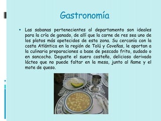 Gastronomía
 Las sabanas pertenecientes al departamento son ideales
  para la cría de ganado, de allí que la carne de res sea uno de
  los platos más apetecidos de esta zona. Su cercanía con la
  costa Atlántica en la región de Tolú y Coveñas, le aportan a
  la culinaria preparaciones a base de pescado frito, sudado o
  en sancocho. Deguste el suero costeño, delicioso derivado
  lácteo que no puede faltar en la mesa, junto al ñame y el
  mote de queso.
 