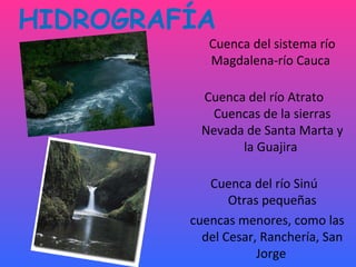 HIDROGRAFÍA   Cuenca del sistema río Magdalena-río Cauca  Cuenca del río Atrato  Cuencas de la sierras Nevada de Santa Marta y la Guajira  Cuenca del río Sinú  Otras pequeñas cuencas menores, como las del Cesar, Ranchería, San Jorge   