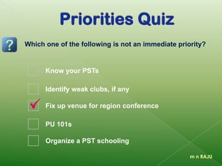 m n RAJU
Know your PSTs
Identify weak clubs, if any
Fix up venue for region conference
PU 101s
Organize a PST schooling
Which one of the following is not an immediate priority?
 