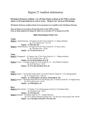 Region 27 Audition Information 
HS Region Orchestra Audition: Use All-State Etudes as listed on the TMEA website; 
adhere to all tempi indicated as well as errata. “Region Cuts” given at Fall Meeting. 
MS Region Orchestra Audition Etude & Excerpt packets are available at the Fall Region Meeting. 
Piano & Harps are to prepare all materials listed on the TMEA website. 
Piano & Harp auditions for Region & AREA are on October 25th at Spring Forest MS. 
High School Region Etude Cuts 
Violin: 
Etude 1 – Rode/Galamian - 24 Caprices for the Violin; Etude No. 11 Allegro Brillante 
pg. 22-23 quarter note = 95-110 
Region – m. 50 to the end 
Etude 2 - Rode/Galamian - 24 Caprices for the Violin; Etude No. 19 Arioso (only) 
pg. 39 quarter note = 50-56 
Region – m. 1 to the rest in m. 17 
Viola: 
Etude 1: Campagnoli – 41 Caprices, Op. 22 for Viola; Etude no. 15 – Allegro moderato 
Pg. 14-15 quarter note = 60-72 
Region –m. 9 to the downbeat of m. 30 
Etude 2 : Fuchs – 16 Fantasy Etudes for Viola; Etude No. 14 – Aria Parlante (Andante) 
Pg. 28-29 half note = 46-52 
Region – m. 27 to the downbeat of m. 64 
Cello: 
Etude 1: Duport – Twenty-One Etudes Book 1 for Cello Schirmer; Etude No. 11 for Springing Bow 
Pg. 31-33 quarter note = 100-118 
Region – m. 13 through m. 25 and m. 43 through m. 112 
Etude 2: Popper – 40 Studies High School of Cello Playing, Op. 73 (Stutch); Etude No. 10 Appassionato 
Pg. 20-21 quarter note = 66-74 
Region – m. 8 through m. 24 
Bass: 
Etude 1: Storch-Hrabe – 57 Studies, Vol. I (Zimmerman); Etude No. 28 Andante (Only) 
Pg. 29 quarter note = 60-72 
Region – m. 25 to the end 
Etude 2: Simandl – 30 Etudes; Etude No. 18 – Allegro Maestoso 
Pg. 20-21 Allegro Maestoso quarter note = 92-104; poco meno quarter note= 80-90 
Region – m. 1 through m 42 and m. 78 to the end 
