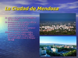 La Ciudad de Mendoza Se ubica a los pies de la Cordillera de los Andes.  Se destaca por sus amplias calles y avenidas bordeadas por frondosas arboledas y acequias,asi como sus parques bien cuidados y plazas. Edificios, barrios residenciales, galerías comerciales , calles peatonales y su Centro Cívico tan esplendido como el Parque Aledaño. 