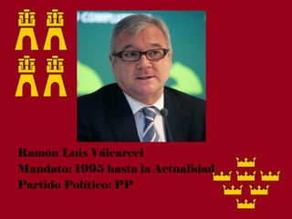 Ramón Luis Válcarcel
Mandato: 1995 hasta la Actualidad
Partido Político: PP
 