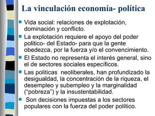 La vinculación economía- política Vida social: relaciones de explotación, dominación y conflicto. La explotación requiere el apoyo del poder politico- del Estado- para que la gente obedezca, por la fuerza y/o el convencimiento. El Estado no representa el interés general, sino el de sectores sociales específicos. Las politicas  neoliberales, han profundizado la desigualdad, la concentración de la riqueza, el desempleo y subempleo y la marginalidad (“pobreza”) y la insustentabilidad. Son decisiones impuestas a los sectores populares con la fuerza del poder político. 