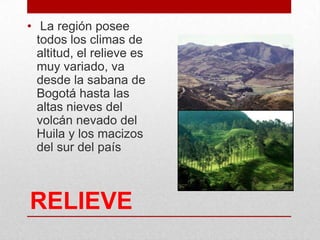 RELIEVE
• La región posee
todos los climas de
altitud, el relieve es
muy variado, va
desde la sabana de
Bogotá hasta las
altas nieves del
volcán nevado del
Huila y los macizos
del sur del país
 