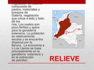 RELIEVE
húmedo a seco y
vegetación de sabana
compuesta de
pastos, matorrales y
bosques de
Galería, vegetación
que crece a lado y lado
de los
ríos, Los suelos son
poco fértiles y aptos
para la ganadería
extensiva. La población
es relativamente
escasa y se encuentra
dispersa por la
llanura. La economía e
n Los Llanos se basa
principalmente en la
ganadería extensiva y
en la extracción
de petróleo.
 