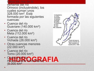 HIDROGRAFIA
todos los ríos de la
vertiente del río
Orinoco (incluyéndole), los
cuales suman unos
328.000 km². Está
formada por las siguientes
cuencas:
• Cuenca del río
Guaviare (140.000 km²)
• Cuenca del río
Meta (112.000 km²)
• Cuenca del río
Vichada (26.000 km²)
• Otras cuencas menores
(22.000 km²)
• Cuenca del río
Tomo (20.000 km²)
• Cuenca del río
Arauca (parte colombiana)
(8.000 km²
•
 