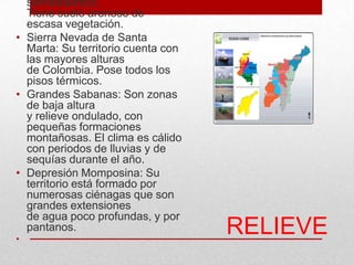 RELIEVE
semidesértico.
Tiene suelo arenoso de
escasa vegetación.
• Sierra Nevada de Santa
Marta: Su territorio cuenta con
las mayores alturas
de Colombia. Pose todos los
pisos térmicos.
• Grandes Sabanas: Son zonas
de baja altura
y relieve ondulado, con
pequeñas formaciones
montañosas. El clima es cálido
con periodos de lluvias y de
sequías durante el año.
• Depresión Momposina: Su
territorio está formado por
numerosas ciénagas que son
grandes extensiones
de agua poco profundas, y por
pantanos.
•
 