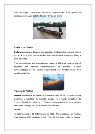 Maito de tilapia: Consiste en cocinar al carbón similar al de guanta, va
acompañado de yuca, cebolla, tomate y chicha de chonta
Provincia de Orellana
Orellana, provincia de Ecuador cuya capital es Orellana antes conocida como el
"Coca". Al norte limita con Sucumbíos, al sur con Pastaza, al este con Perú y al
oeste con Napo.
Entre sus principales atractivos podemos mencionar el Parque Nacional Yasuní,
declarado por la UNESCO como Reserva de Biósfera, el volcán
Sumaco rodeado de una extensa biodiversidad y un mirador natural de la
meseta amazónica.
Provincia de Pastaza
Pastaza, oficialmente Provincia de Pastaza es una de las 24 provincias que
conforman la República del Ecuador, situada en la Región Amazónica del
Ecuador. Recibe su nombre del río Pastaza, que la separa al sur de la provincia
de Morona Santiago. Su capital es la ciudad de Puyo.
Fiestas
Fiestas Provinciales: 10 de Noviembre de 1959 – Provincialización de Pastaza.
12 de Mayo de 1899 – Fundación de El Puyo. 12 de Febrero – Día del Oriente.
 