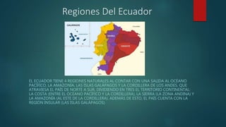 Regiones Del Ecuador
EL ECUADOR TIENE 4 REGIONES NATURALES AL CONTAR CON UNA SALIDA AL OCÉANO
PACÍFICO, LA AMAZONÍA, LAS ISLAS GALÁPAGOS Y LA CORDILLERA DE LOS ANDES, QUE
ATRAVIESA EL PAÍS DE NORTE A SUR, DIVIDIENDO EN TRES EL TERRITORIO CONTINENTAL:
LA COSTA (ENTRE EL OCÉANO PACÍFICO Y LA CORDILLERA), LA SIERRA (LA ZONA ANDINA) Y
LA AMAZONÍA (AL ESTE DE LA CORDILLERA). ADEMÁS DE ESTO, EL PAÍS CUENTA CON LA
REGIÓN INSULAR (LAS ISLAS GALÁPAGOS).
 