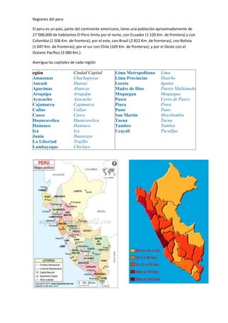 Regiones del peru
El peru es un país, parte del continente americano, tiene una población aproximadamente de
27`000,000 de habitantes El Perú limita por el norte, con Ecuador (1 520 Km. de frontera) y con
Colombia (1 506 Km. de frontera); por el este, con Brasil (2 822 Km. de fronteras), con Bolivia
(1 047 Km. de fronteras); por el sur con Chile (169 Km. de fronteras); y por el Oeste con el
Océano Pacífico (3 080 Km.).
Averigua las capitales de cada región
egión Ciudad Capital
Amazonas Chachapoyas
Ancash Huaraz
Apurímac Abancay
Arequipa Arequipa
Ayacucho Ayacucho
Cajamarca Cajamarca
Callao Callao
Cusco Cusco
Huancavelica Huancavelica
Huánuco Huánuco
Ica Ica
Junín Huancayo
La Libertad Trujillo
Lambayeque Chiclayo
Lima Metropolitana Lima
Lima Provincias Huacho
Loreto Iquitos
Madre de Dios Puerto Maldonado
Moquegua Moquegua
Pasco Cerro de Pasco
Piura Piura
Puno Puno
San Martín Moyobamba
Tacna Tacna
Tumbes Tumbes
Ucayali Pucallpa
 
