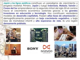 Japón y los tigres asiáticos  constituye un paradigma de crecimiento y progreso material. Primero,  Japón  y luego  Indonesia ,  Malasia ,  Taiwán  y  Corea del Sur  emprendieron en la segunda mitad del siglo XX el camino hacia el crecimiento económico sostenido gracias a las  grandes inversiones en educación y tecnología . Hoy constituyen verdaderos modelos de  desarrollo capitalista . Poseen  altas tasas de urbanización  y demográficamente presentan un  bajo crecimiento vegetativo , y baja tasa de mortalidad infantil y  alta esperanza de vida . Es una región  densamente poblada .  