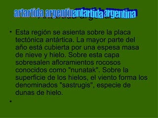 Antartida argentina Esta región se asienta sobre la placa tectónica antártica. La mayor parte del año está cubierta por una espesa masa de nieve y hielo. Sobre esta capa sobresalen afloramientos rocosos conocidos como "nunatak". Sobre la superficie de los hielos, el viento forma los denominados "sastrugis", especie de dunas de hielo. artartida argentina antartida argentina 