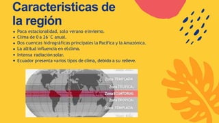 Caracteristicas de
la región
Poca estacionalidad, solo verano einvierno.
Clima de 0 a 26°C anual.
Dos cuencas hidrográficas principales la Pacifica y la Amazónica.
La altitud influencia en elclima.
Intensa radiación solar.
Ecuador presenta varios tipos de clima, debido a su relieve.
 