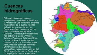 Cuencas
hidrográficas
El Ecuador tiene dos cuencas
hidrográficas principales, la Pacífica y
la Amazónica. Los principales ...