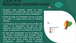 ¿QUÉ SON
REGIONES GEOGRÁFICAS?
• Ecuador está ubicado sobre la línea
ecuatorial, en América del Sur, por lo cual su
territ...