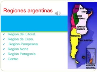 Regiones argentinas.



 Región del Litoral.
 Región de Cuyo.
 Región Pampeana.
 Región Norte
 Región Patagonia
 Centro
 