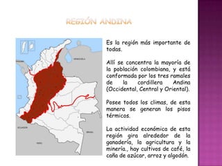 Región andinaEs la región más importante de todas. Allí se concentra la mayoría de la población colombiana, y está conformada por los tres ramales de la cordillera Andina (Occidental, Central y Oriental).Poseetodos los climas, de esta manera se generan los pisos térmicos.La actividad económica de esta región gira alrededor de la ganadería, la agricultura y la minería., hay cultivos de café, la caña de azúcar, arroz y algodón.