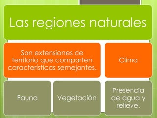 Las regiones naturales

    Son extensiones de
 territorio que comparten      Clima
características semejantes.


                              Presencia
  Fauna        Vegetación     de agua y
                               relieve.
 