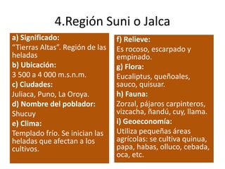 4.Región Suni o Jalca
a) Significado:
“Tierras Altas”. Región de las
heladas
b) Ubicación:
3 500 a 4 000 m.s.n.m.
c) Ciudades:
Juliaca, Puno, La Oroya.
d) Nombre del poblador:
Shucuy
e) Clima:
Templado frío. Se inician las
heladas que afectan a los
cultivos.
f) Relieve:
Es rocoso, escarpado y
empinado.
g) Flora:
Eucaliptus, queñoales,
sauco, quisuar.
h) Fauna:
Zorzal, pájaros carpinteros,
vizcacha, ñandú, cuy, llama.
i) Geoeconomía:
Utiliza pequeñas áreas
agrícolas: se cultiva quinua,
papa, habas, olluco, cebada,
oca, etc.
 