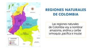 REGIONES NATURALES
DE COLOMBIA
Las regiones naturales
de Colombia voy a nombrar
amazonia, andina y caribe
orinoquía ,pacifica e insular.
 