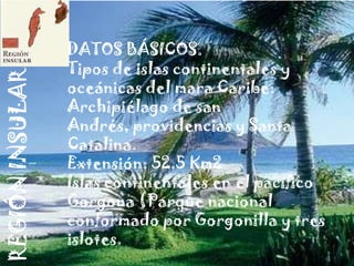 DATOS BÁSICOS.
                 Tipos de islas continentales y
REGIÓN INSULAR


                 oceánicas del mara Caribe:
                 Archipiélago de san
                 Andrés, providencias y Santa
                 Catalina.
                 Extensión: 52.5 Km2
                 Islas continentales en el pacífico
                 Gorgona (Parque nacional
                 conformado por Gorgonilla y tres
                 islotes.
 